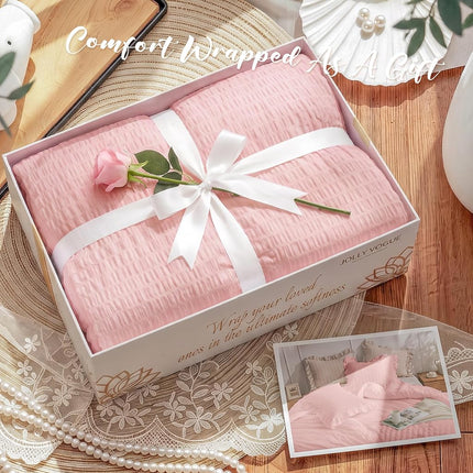 JOLLYVOGUE Seersucker Comforter Set, 3 Pieces Bed in a Bag Comforter Set, Lightweight & Fluffy Bedding Sets for All Season with 1 Ruffle Comforter and 2 Ruffle Pillowshams, King, Pink