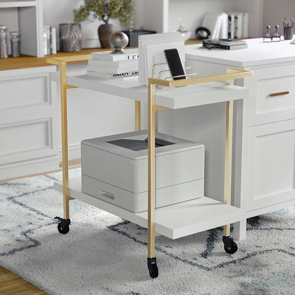 MARTHA STEWART Liam 2-Tier Mobile Office Storage and Printer Cart in White with Polished Brass Frame