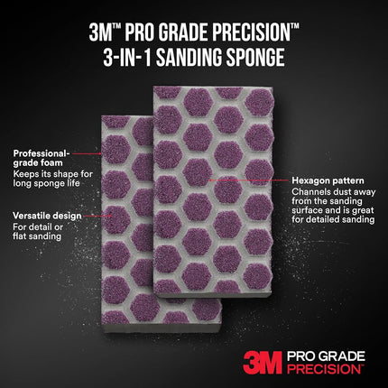 3M Pro Grade Precision 3-in-1 Sanding Sponge, 180 Grit Medium, for Woodworking, Drywall Prep, and Refinishing, 2.5 in x 4.5 in x 1 in