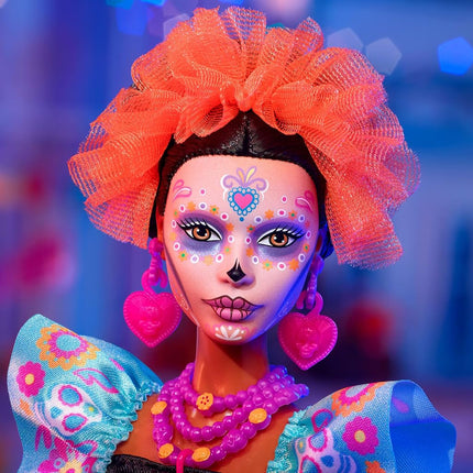 Barbie Signature Doll, 2024 D�a De Muertos Collectible in Black Dress with Blue Ruffle Top, Embroidered Print, and Colorful Accessories, HRM72