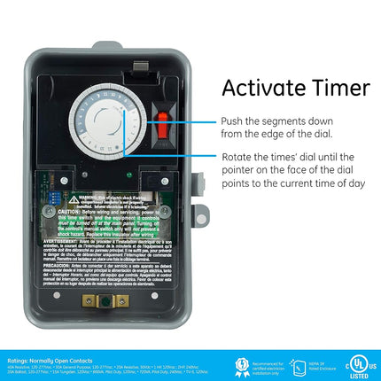 GE 24-Hour Mechanical Pool Timer Switch, 2HP 40A Load Capacity, Universal Voltage, Tamper Resistant, 46536