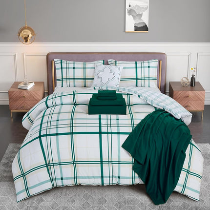 Elegant Comfort Silky Soft 8-Piece Plaid Lodge Bed-in-a-Bag Comforter Set, Includes 4pc Smart Sheet Set, Comforter, Decorative Pillow, Matching Pillowcases and Shams - Twin/Twin XL, Emerald Green