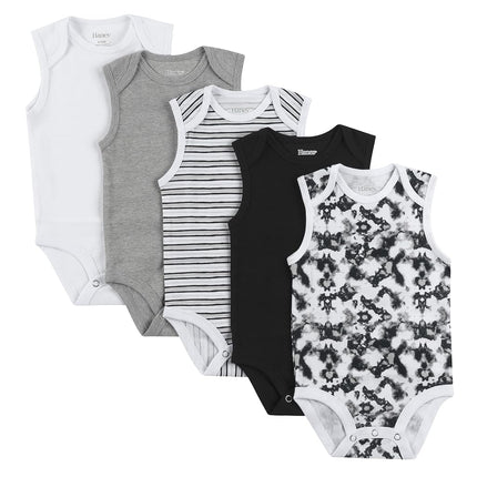 Lot de 5 grenouillères/bodys sans manches Hanes Ultimate Flexy pour bébés, garçons et filles, Blanc/Gris/Noir, 6-12 mois