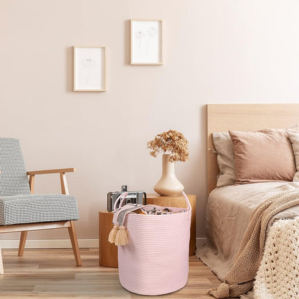 XUANGUO Cotton Rope Laundry Basket Hamper for Girls Kids Baby Nursery Hamper Bin Woven Storage Basket for Living Room Girls room Boho Tall Rope Baskets for Blanket Toys Large light pink