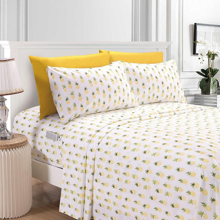 Elegant Comfort Ultra-Soft Double Brushed 6-Piece Microfiber Sheet Set Beautiful Tropical Patterns, and Vibrant Solid Colors, Luxury, All-Season Bed Sheet Set - Pineapple, Queen