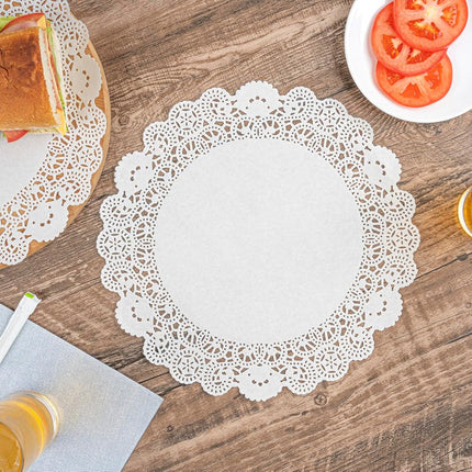 Restaurantware Pastry Tek 12 x 12 Inch Lace Doilies 100 Decorative Tableware Placemats - Disposable Round White Paper Table Doilies for Birthdays Or Weddings Table Decor