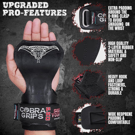 Guantes de levantamiento de pesas Cobra Grips PRO, correas de alta resistencia, alternativa a los ganchos de levantamiento de potencia, para peso muerto con soporte de muñeca acolchado de neopreno ajustable integrado