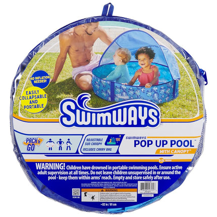 SwimWays Elite Pop-Up Above Ground Pool, Baby Pool with Canopy & Carrying Case, Foldable Pool for Kids Aged 9-24 Months, Measures 32", Blue
