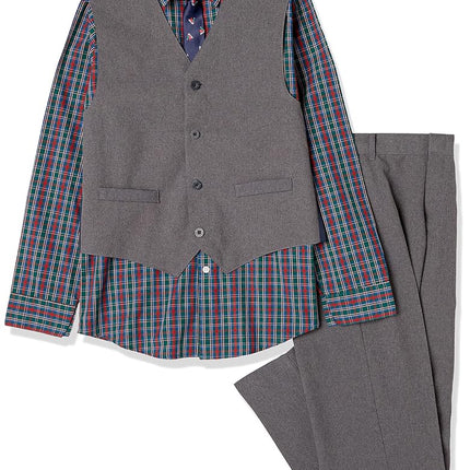 Ensemble 4 pièces IZOD pour garçons avec chemise habillée à col, cravate, gilet et pantalon, hématite/carreaux de fêtes, 4