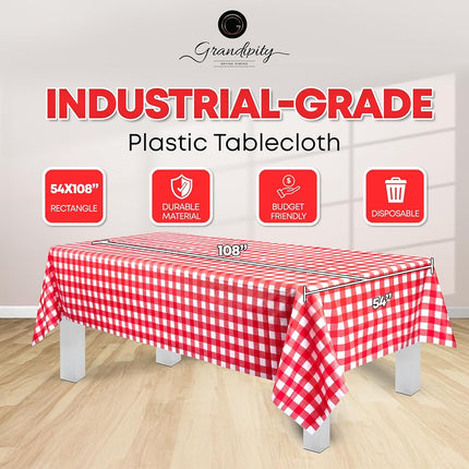 Red Gingham Checkered 12 Pack Premium Disposable Plastic Picnic Tablecloth 54 Inch. x 108 Inch. Rectangle Table Cover By Grandipity