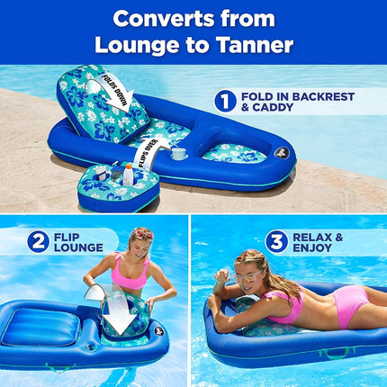 Aqua Campania Ultimate 2-in-1 Pool Float Lounge – Extra Large – Inflatable Pool Floats for Adults with Adjustable Backrest & Cupholder Caddy – Teal Hibiscus