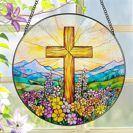 8 Inch Cross Wildflower Stained Glass Suncatcher, 