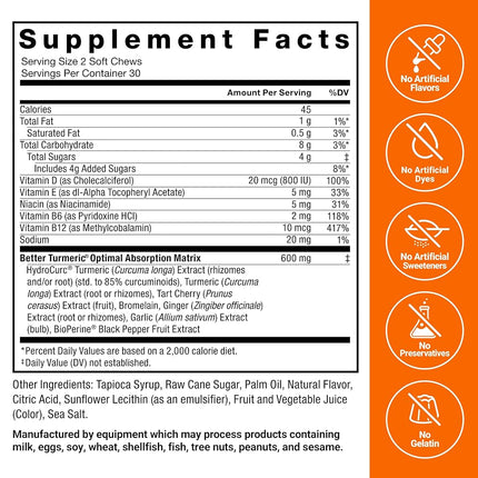 Better Turmeric 3-Pack Inflammation Supplement for Extra Strength Joint Support, Featuring HydroCurc Turmeric Curcumin with Black Pepper for Superior Absorption, Force Factor, 180 Soft Chews