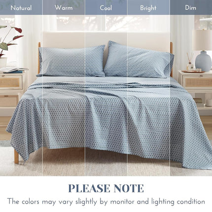 Comfort Spaces 100% Cotton Sheets Queen, Breathable, Naturally Cool Cotton Sheets, Soft Cotton Bed Sheets with 14" Elastic Pocket Fits up to 16" Mattress, All Seasons Sheet Set, Diamond Blue 4 Piece