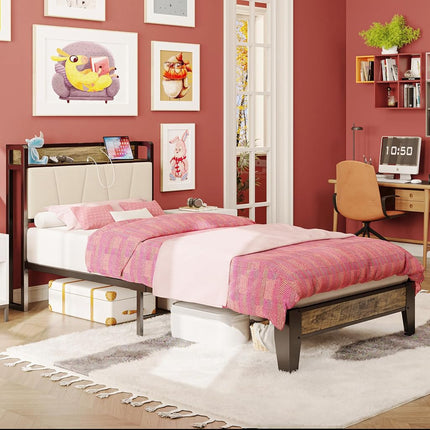 LIKIMIO Twin XL Bed Frames, Storage Headboard with Charging Station, Solid and Stable, Noise Free, No Box Spring Needed, Easy Assembly (Walnut and Beige)