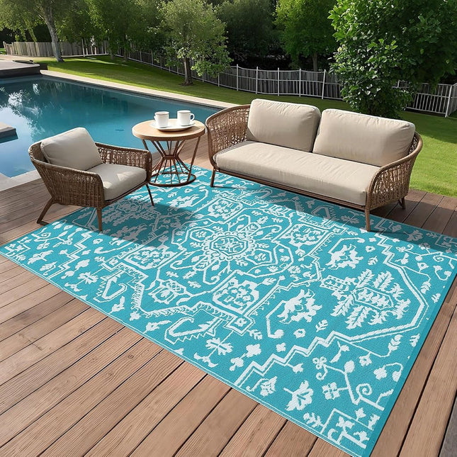 8x10 Large Outdoor Rug for Patio Rugs Waterproof, Reversible Plastic Straw Rug Medallion Pattern, Vintage Camping Rug, Foldable Lightweight Carpet for RV, Porch, Deck, Backyard, Balcony (Blue)