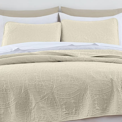 Chezmoi Collection 3 Piece Oversized Bedspread Coverlet Set, Ivory, Queen