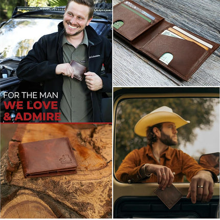 BULL GUARD Cartera de hombre con bloqueo RFID, pliegue doble, de cuero genuino suave, marrón, estilo occidental