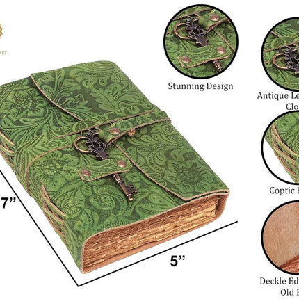 Leather Journal - Antique Handmade Deckle Edge Vintage Paper Leather Bound Journal - Book of Shadows Journal - Leather Sketchbook - Drawing Journal - Great Gift (Green)