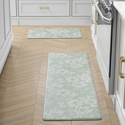 Laura Ashley - Anti-Fatigue Kitchen Mat, Iris Floral Design, Stain, Water & Fade Resistant, Cooking & Standing Relief, Non-Slip Backing, 2 Piece Set: 17.5" x 60" / 17.5" x 28" Sage Green Iris