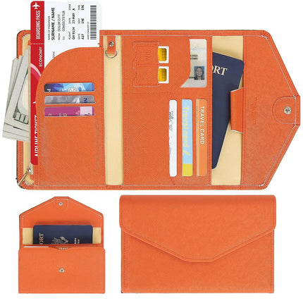 ZOPPEN Cartera de viaje multiusos con bloqueo Rfid para pasaporte (Ver.4), combo de tarjetero para pasaporte y vacuna, organizador de documentos triple para viaje, #24 Naranja, Talla única, Informal