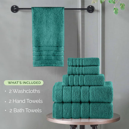 Elegant Comfort 4 Lines Viscose Stripe 6-Piece Premium Towel Set - 100% Turkish Cotton High Absorbent Luxury Bathroom Towels – Includes 2 Washcloths, 2 Hand Towels and 2 Bath Towels Set, Turquoise