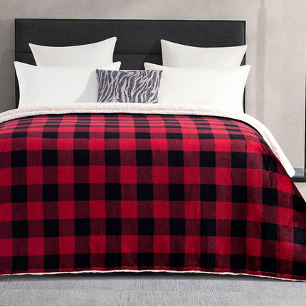 Elegant Comfort Ultra Soft Reversible Buffalo Plaid Flannel Sherpa Blanket - Cozy Silky Checkered Fleece Throw for Couch, Bed - Plush Fuzzy Warm Winter Blanket for Gift, Twin XL, Burgundy