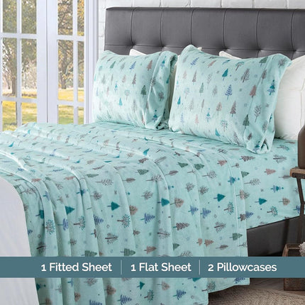 Elegant Comfort Luxuriously Soft 4-Piece Holiday Velvet Plush Flannel Sheet Set - Premium Quality - Cozy Warm, Christmas Fuzzy Velvet Flannel Fleece Deep Pocket Sheet Set - Cal King, Mint Pine Trees