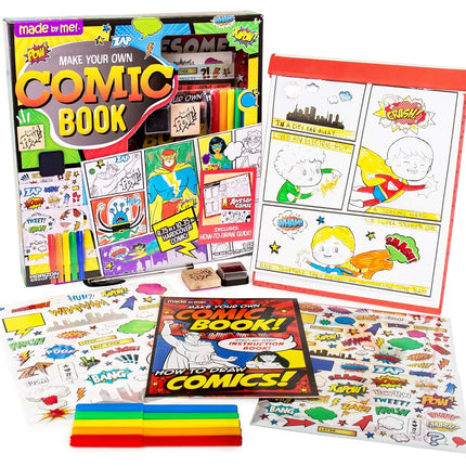 Made By Me Make Your Own Comic Book Storytelling Kit for Kids, 15-Page Hardcover Comic Book, How-to Draw Instructional Guide, Comic Inspired Stickers & Stamp, Holographic Stickers, 5 Vibrant Markers