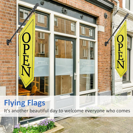 OPEN Flag with Pole Kit - Heavy Duty Canvas Open Banner for Business Storefront, 42x12 Inch Outdoor Double-Sided Sign with Bracket - Advertising Signage for Retail & Shops (Blue)