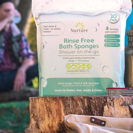 Rinse Free Sponge Bath Wipes (30pack) Extra Large & Thick No Rinse Waterless Body Wipe Sponges Disposable Shower OnTheGo Cleaning Wash Cloths for Kids Adults Elder Care Gym Travel & More (3 Pack)