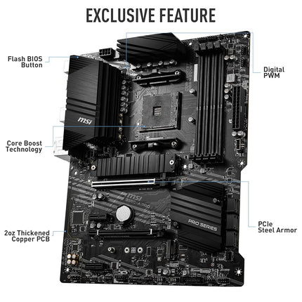 MSI B550-A PRO Motherboard ATX - Supports AMD Ryzen 3rd Gen Processors, AM4, DDR4 Boost (4400MHz/OC), 1 x PCIe 4.0/3.0 x16, 1 x PCIe 3.0/3.0 x16, 1 x M.2 Gen4 x4, 1 x M.2 Gen3 x4, HDMI, Gigabit LAN
