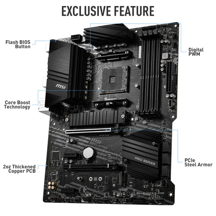 MSI B550-A PRO Motherboard ATX - Supports AMD Ryzen 3rd Gen Processors, AM4, DDR4 Boost (4400MHz/OC), 1 x PCIe 4.0/3.0 x16, 1 x PCIe 3.0/3.0 x16, 1 x M.2 Gen4 x4, 1 x M.2 Gen3 x4, HDMI, Gigabit LAN