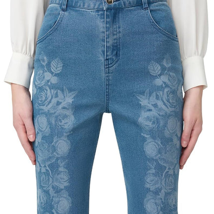 HUE Women's Ultra Soft High Waist Denim Baby Bootcut Leggings, Floral Medium Wash, Large