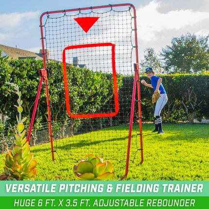 GoSports 6 ft x 3.5 ft Baseball & Softball Pitching and Fielding Rebounder Trainer - Adjustable Angle Pitch Back Return Net - Practice Grounders, Pop Flies, Line Drives