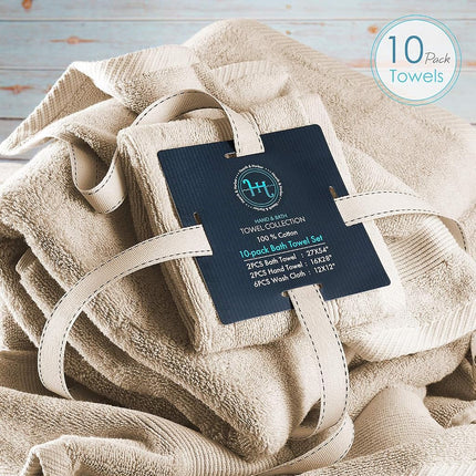 Hearth & Harbor 100% Ring Spun Cotton Bath Towels for bathroom - Luxury Bathroom Towels - Soft & Highly Absorbent Bath Towels Set, 10 Piece Set (2 Bath Towels, 2 Hand Towels, 6 Washcloths) - Cream