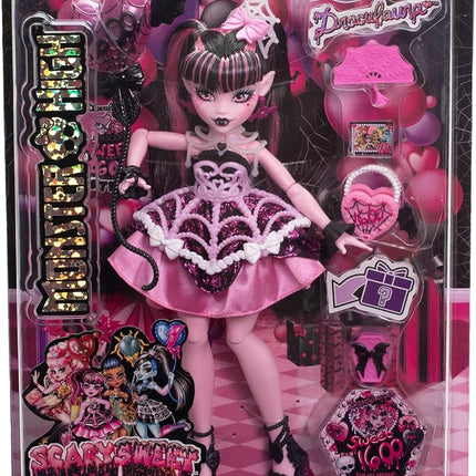 Monster High Scary Sweet Birthday Doll, Draculaura in Pink Party Dress with Themed Accessories Like Invite, Balloon, Gift, Fan and More