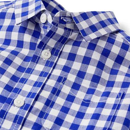 Camisa de popelina de manga corta con botones para bebé y niño de The Children's Place, a cuadros azules renovados, 18-24 meses