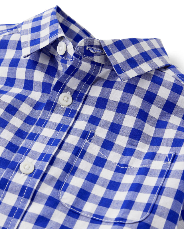 The Children's Place Baby Boys' and Toddler Poplin Short Sleeve Button Down Shirt, Renew Blue Plaid, 18-24 Months