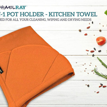 Rachael Ray Toalla Moppine - Toalla de cocina y agarrador 2 en 1 con 2 bolsillos resistentes al calor para sujetar utensilios de cocina y de repostería calientes - Toallas de cocina absorbentes perfectas para secar platos y manos, naranja quemado