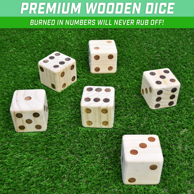 GoSports Giant 3.5 Inch Wooden Playing Dice Set with Rollzee Scoreboard (Includes 6 Dice, Dry-Erase Scoreboard and Canvas Carrying Bag)