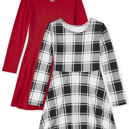 The Children's Place Girls' 2 Pack Long Sleeve Fashion Skater Dress, Red/Black Plaid 2 Pack, Medium
