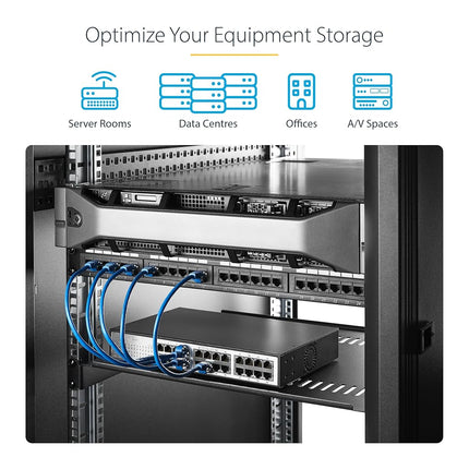 StarTech.com 1U Server Rack Shelf - Universal Vented Rack Mount Cantilever Tray for 19" Network Equipment Rack & Cabinet - Heavy Duty Steel - Weight Capacity 44lb/20kg - 7" Deep Shelf (CABSHELF1U7V)