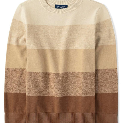 Suéter de manga larga para niños grandes de The Children's Place, cuello redondo a rayas color canela, talla extrachica