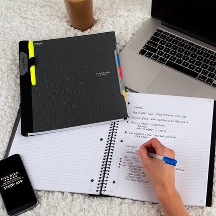 Five Star Advance Spiral Notebook + Study App, 5 Subject, College Ruled Paper, 8-1/2" x 11", 200 Sheets, Spiral Guard, Movable Tabbed Dividers, Black (73144)