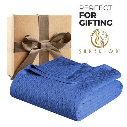 Superior Diamond Weave Blanket, 100% Cotton Cover for Home, Couch, Bed, Soft, Warm Blankets, Boho Aesthetic, Comfy, Cozy, and Cute Covers, Decorative Bedding Essentials, Throw, Merritt Blue