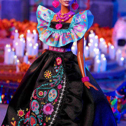 Barbie Signature Doll, 2024 D�a De Muertos Collectible in Black Dress with Blue Ruffle Top, Embroidered Print, and Colorful Accessories, HRM72