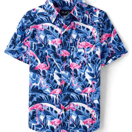 The Children's Place Chemise boutonnée en popeline à manches courtes pour garçons, imprimé flamant rose Tidal, TP