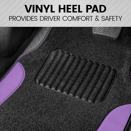 BDK Two-Tone Carpet Car Floor Mats with Faux Leather Accents, Automotive Floor Mat Set with Built-in Heel Pad, Stylish Interior Car Accessories (Purple)