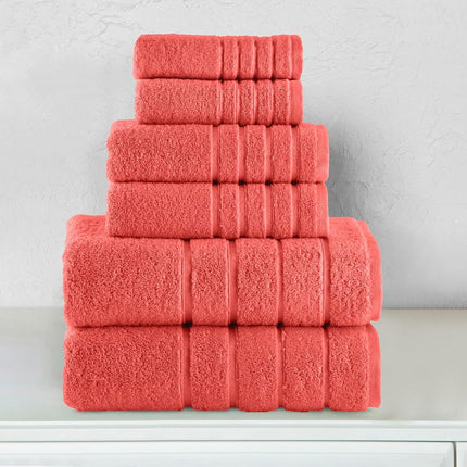 Elegant Comfort 4 Lines Viscose Stripe 6-Piece Premium Towel Set - 100% Turkish Cotton High Absorbent Luxury Bathroom Towels – Includes 2 Washcloths, 2 Hand Towels and 2 Bath Towels Set, Coral